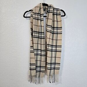 Classic Plaid Scarf Cream and Black Cashmere Feel Italy Design Preppy